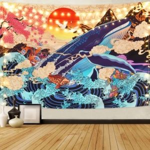 WHALE SUNSET WAVES TAPESTRY WALL HANGING ART